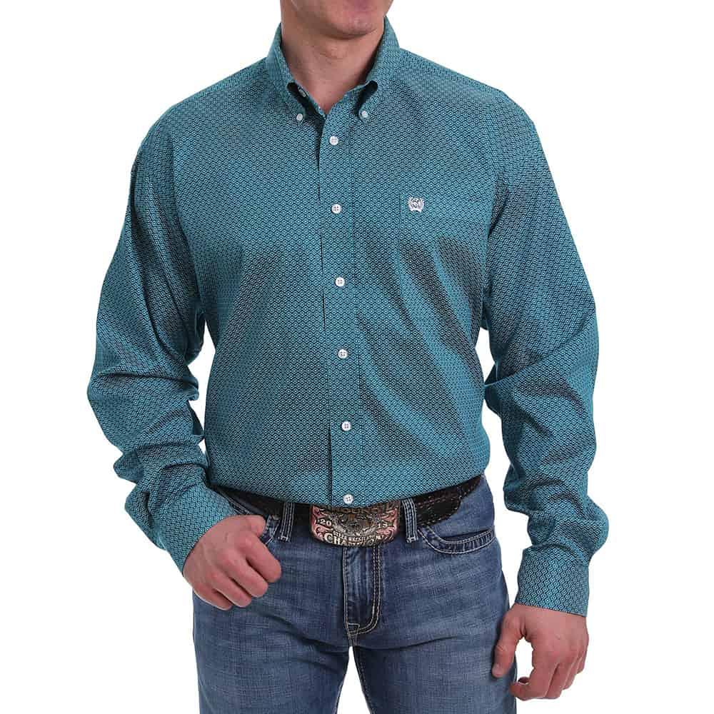 Cinch Men's Classic Fit Geometric Teal Western Button Down