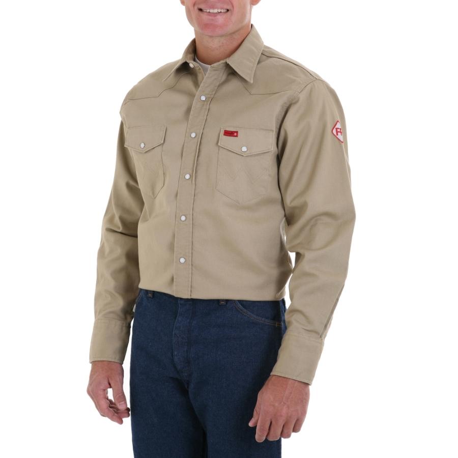Wrangler Mens Khaki Snap FR Work Shirt | D&D Texas Outfitters